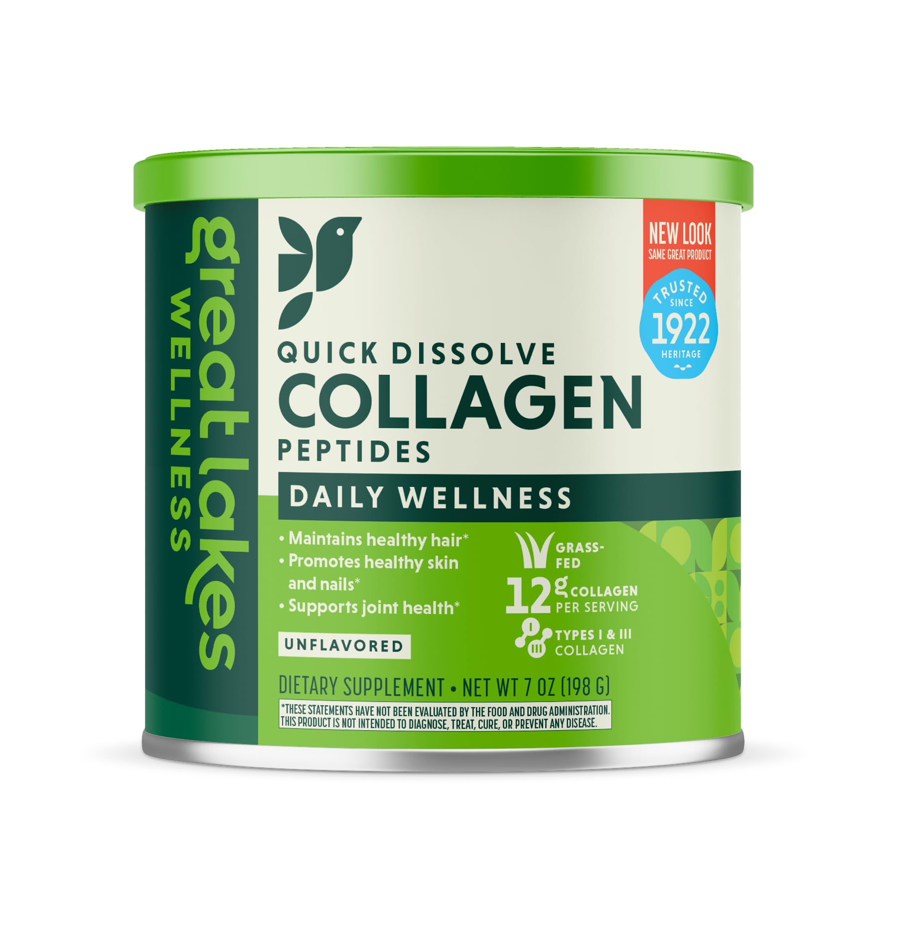 Great Lakes Wellness collagen peptides bottle front; unflavored formula for skin and nails.