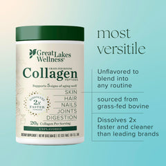 Great Lakes Wellness Collagen Peptides jar close-up emphasizes premium packaging and freshness.