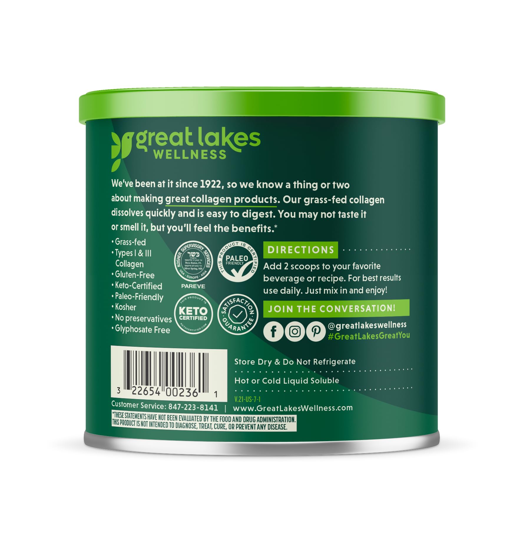 Grass-fed bovine source and clean ingredients highlight quality.