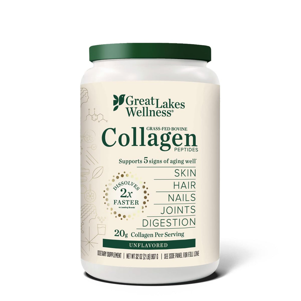 Great Lakes Wellness Collagen Peptides bottle highlighting unflavored powder for daily skincare and joint support.