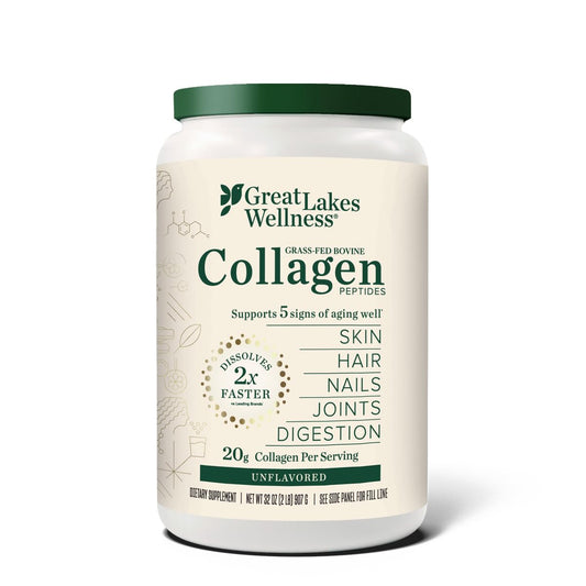 Great Lakes Wellness Collagen Peptides bottle highlighting unflavored powder for daily skincare and joint support.