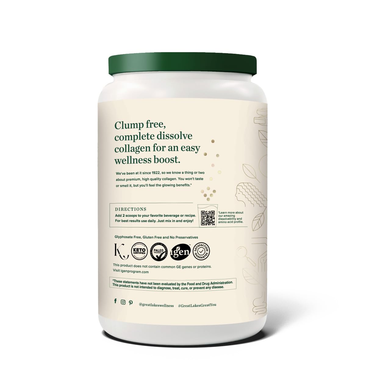 Great Lakes Wellness Collagen Peptides powder scoop showing serving size for 20 g collagen per serving.