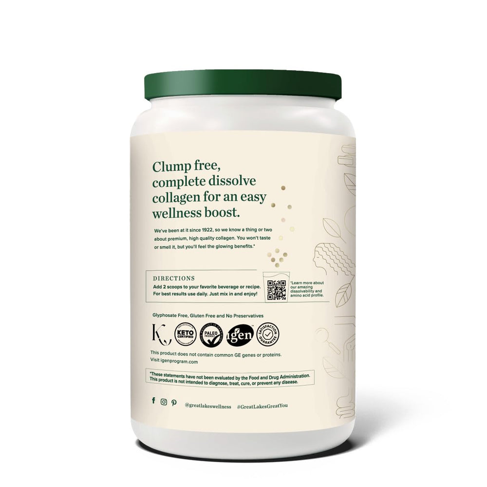 Great Lakes Wellness Collagen Peptides powder scoop showing serving size for 20 g collagen per serving.