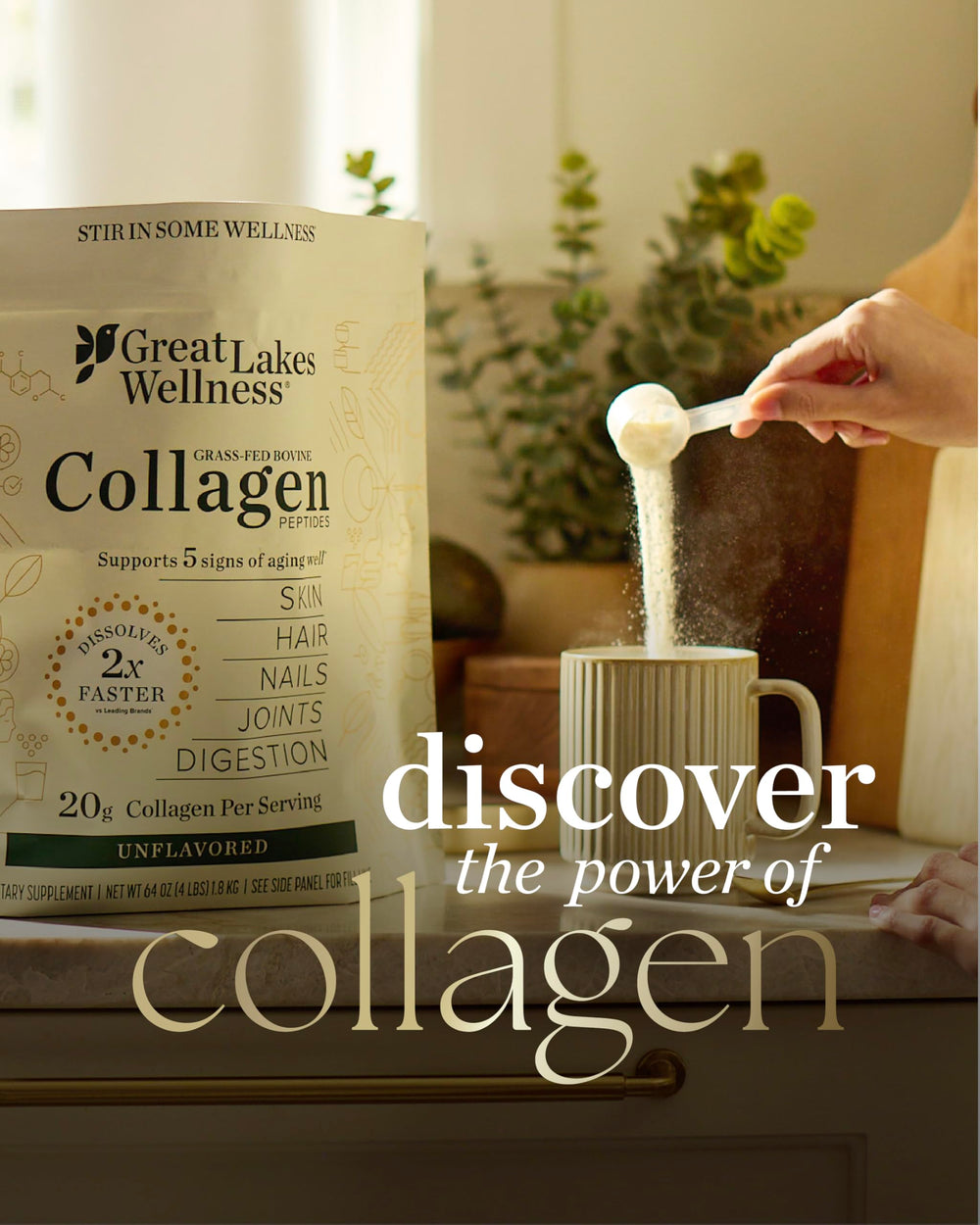 Great Lakes Wellness Collagen Peptides powder dissolves quickly in drinks for convenient daily use.