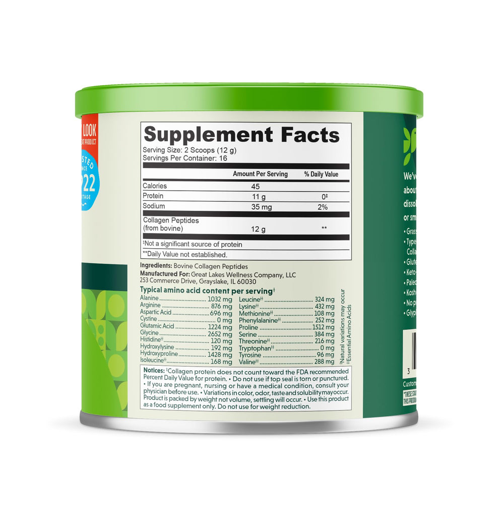 Great Lakes Wellness collagen peptides scoop beside powder, ideal for quick daily use.
