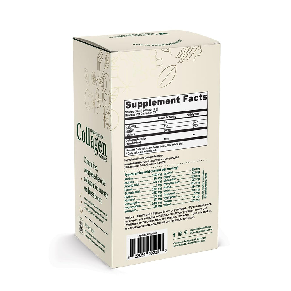 Great Lakes Wellness Collagen Peptides stick-pack pour into glass for mixing