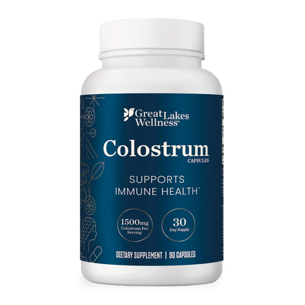 Great Lakes Wellness Colostrum Capsules bottle shown for convenient daily immune support.