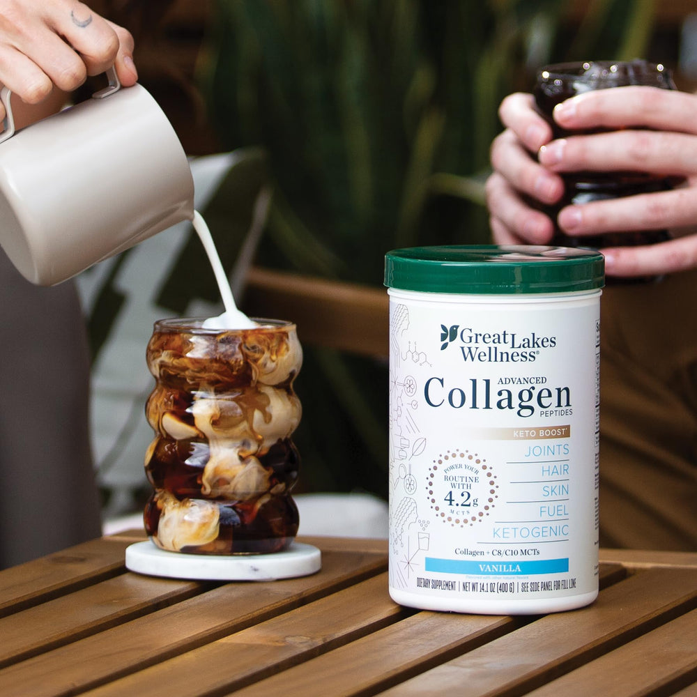 Great Lakes Wellness Keto Boost coffee cup demonstrates creamy vanilla texture without dairy