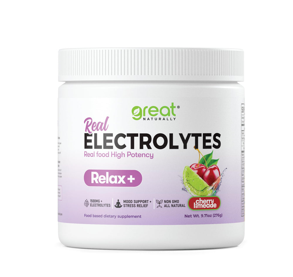 Great Naturally Relax+ Cherry Limeade bottle front highlights a calming hydration option for daily stress.