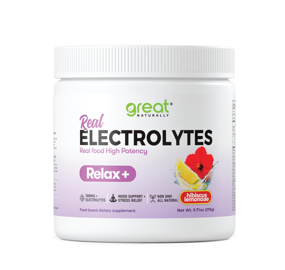 Great Naturally Relax+ bottle front shows calming hydration solution for everyday stress relief.