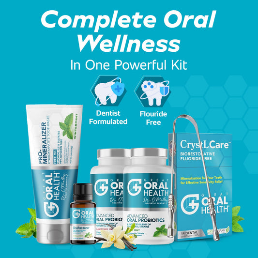 Great Oral Health probiotic bottle showing seven strains for fresh breath.
