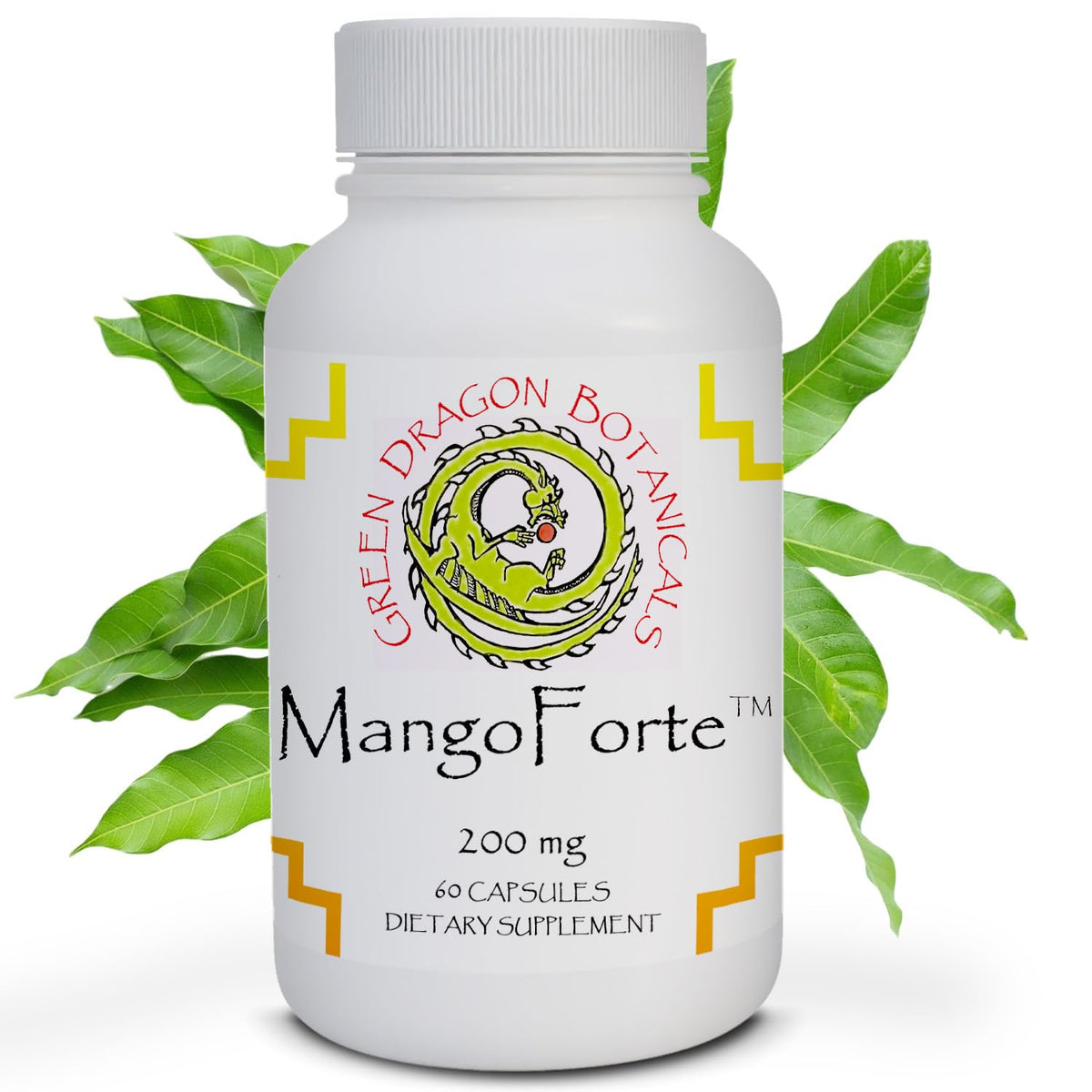 Green Dragon Botanicals MangoForte bottle front showing the product for natural immune support