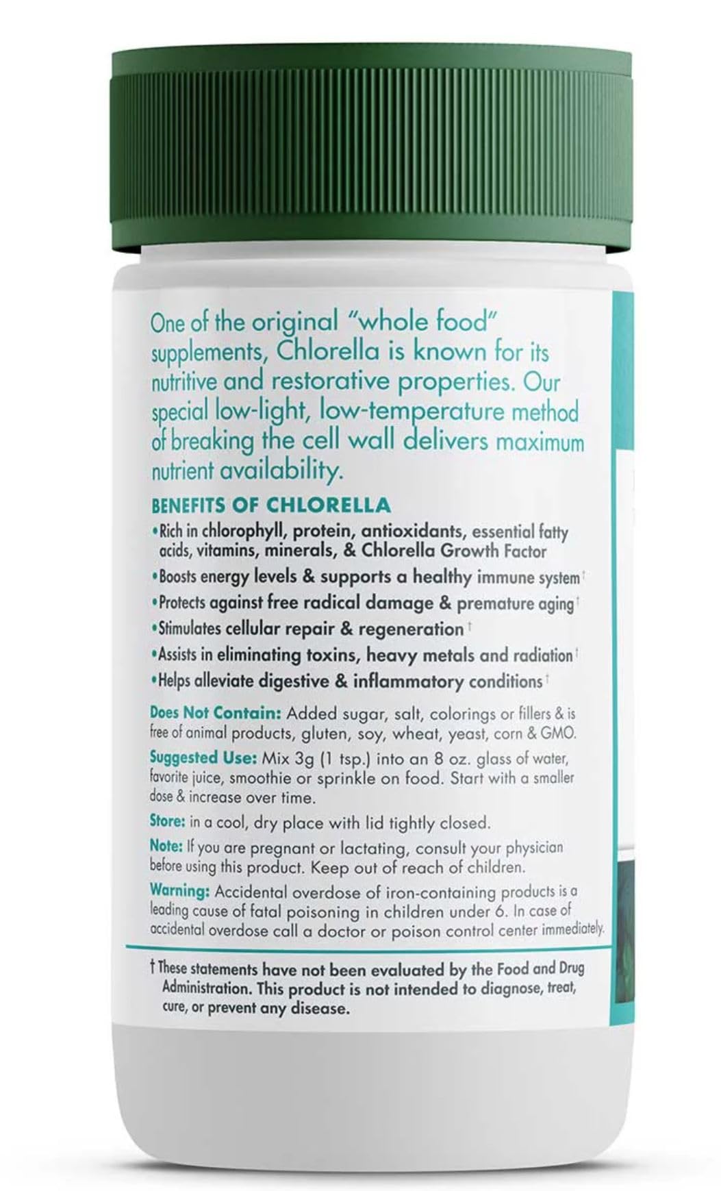 Green Foods chlorella powder label closeup emphasizes organic, vegan, non-GMO credentials.