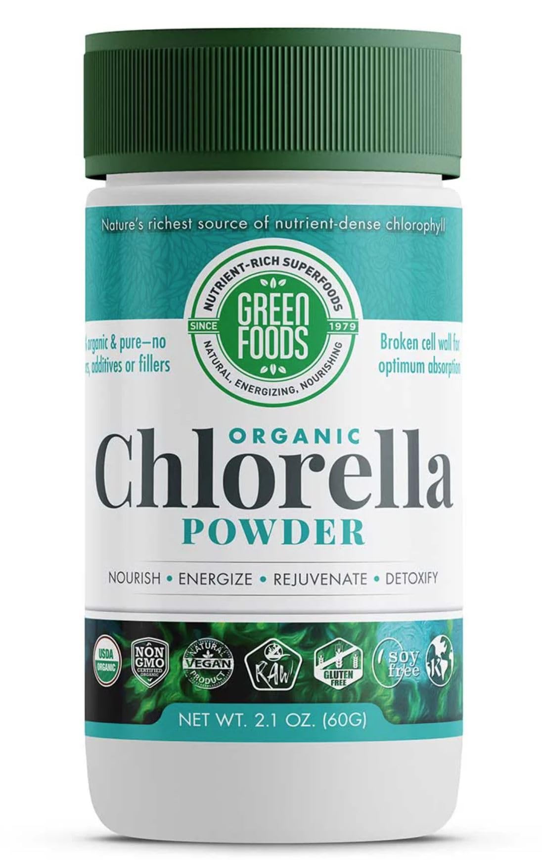 Green Foods chlorella powder box showcases the two-pack packaging for convenient daily use.