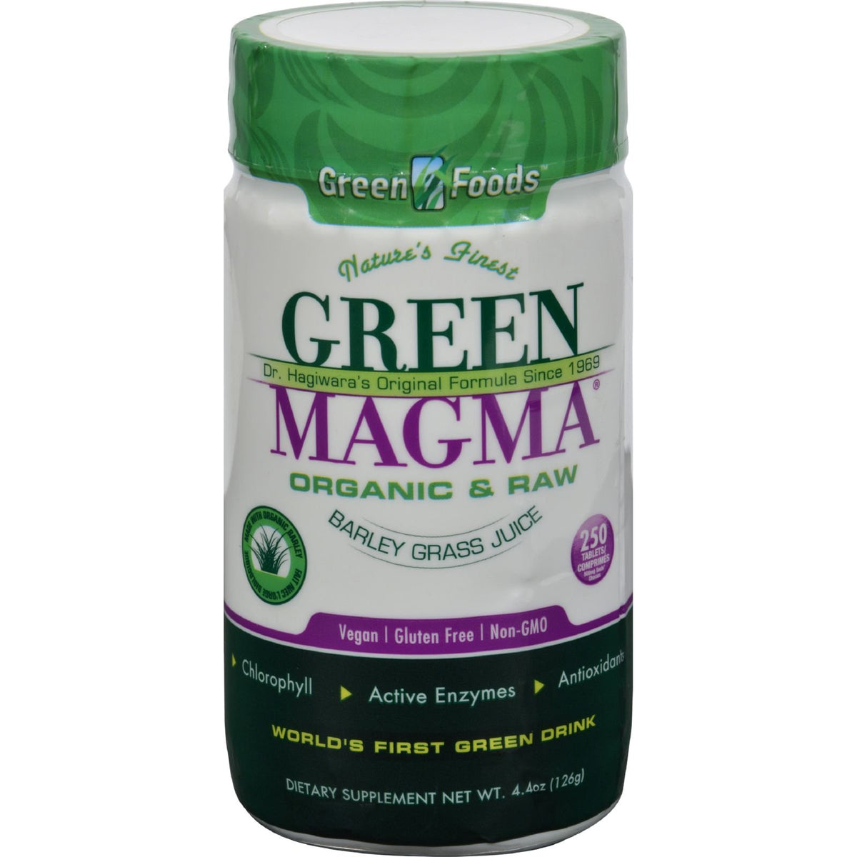 Green Foods Green Magma barley grass juice powder bottle for daily energy and plant-based nourishment.