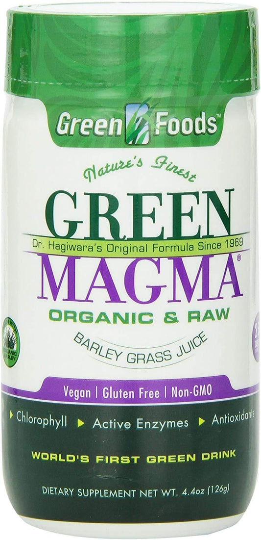 Green Foods Green Magma label closeup highlighting organic barley grass origin.