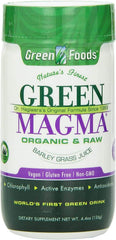 Green Foods Green Magma label closeup highlighting organic barley grass origin.