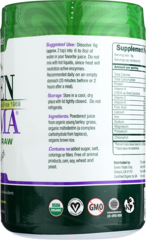 Green Foods Green Magma USA OG2 nutrition panel close-up; organic, raw, mildly alkaline.