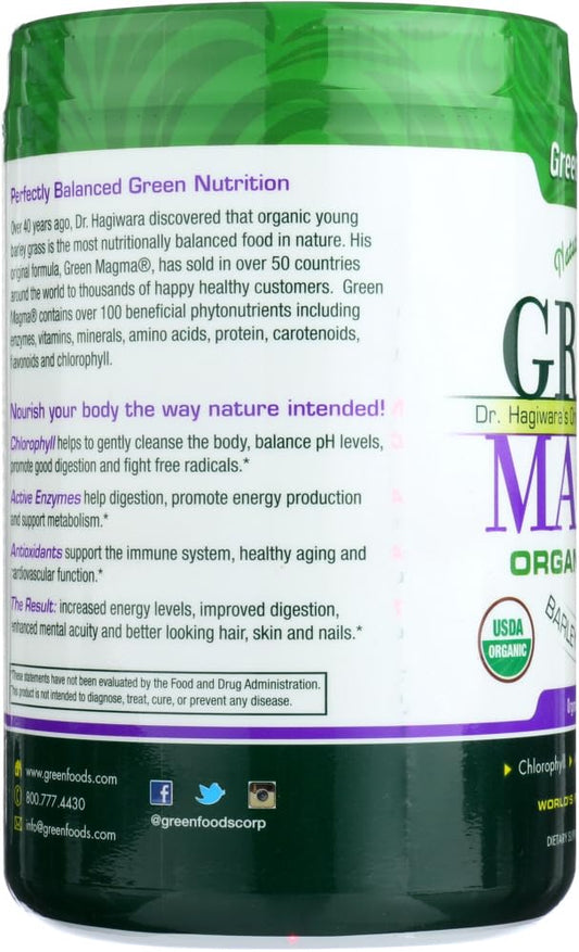 Green Foods Green Magma USA OG2 10-6oz powder tub; raw organic barley grass nutrition.