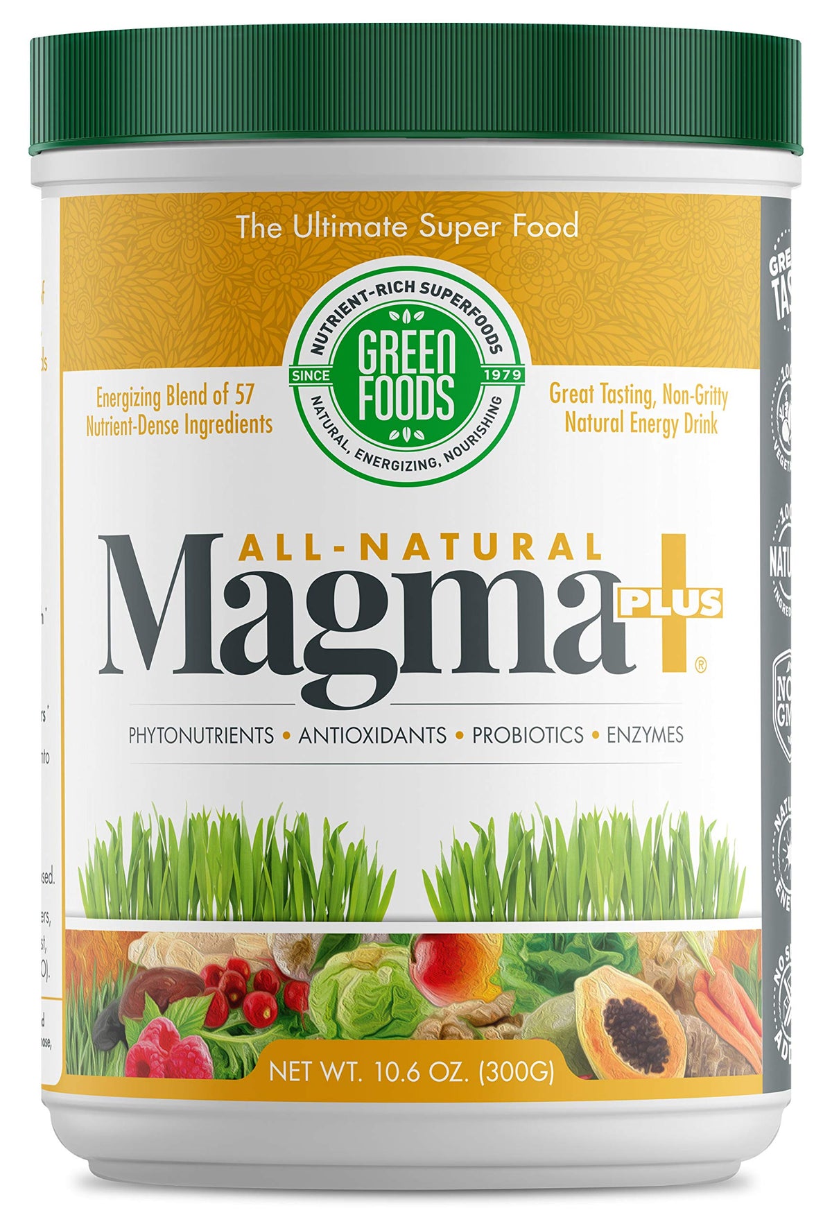 Green Foods Magma Plus powder tub for daily greens boost and convenience.
