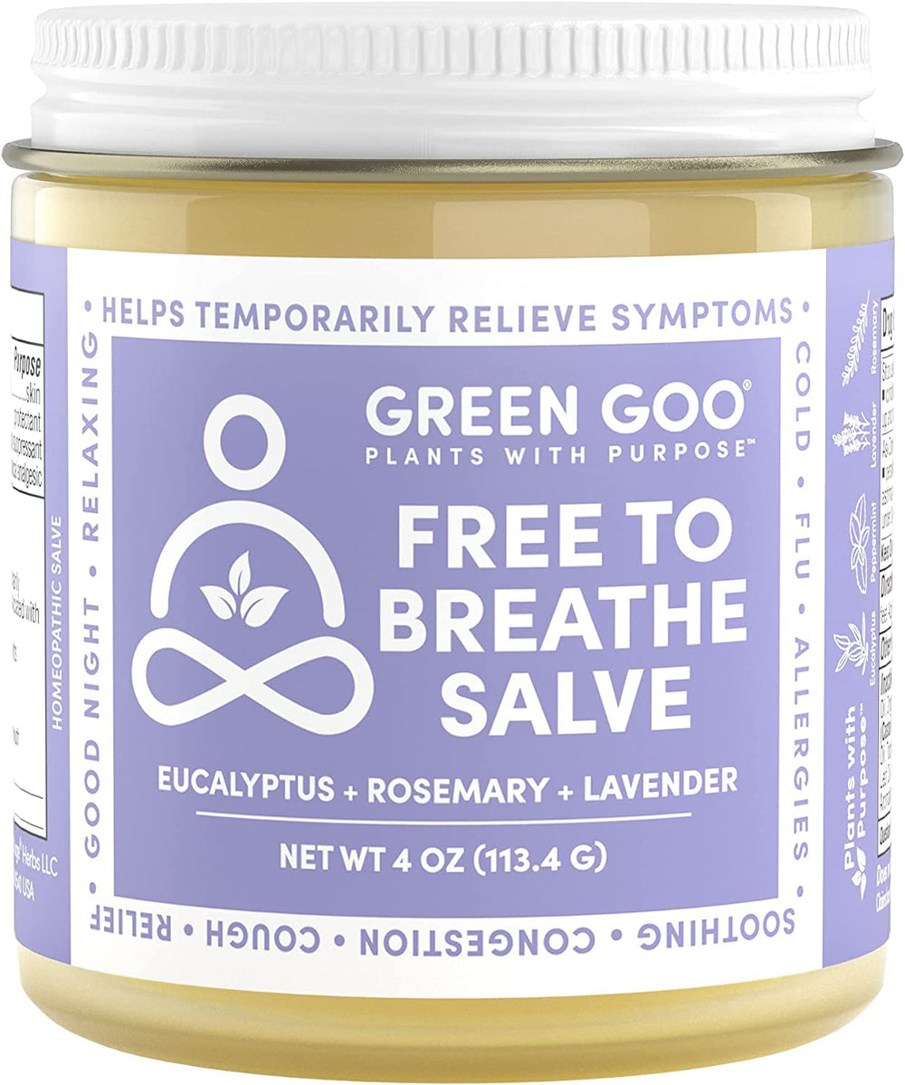 Green Goo Free To Breathe bottle close-up showing natural decongestant blend for congestion relief.