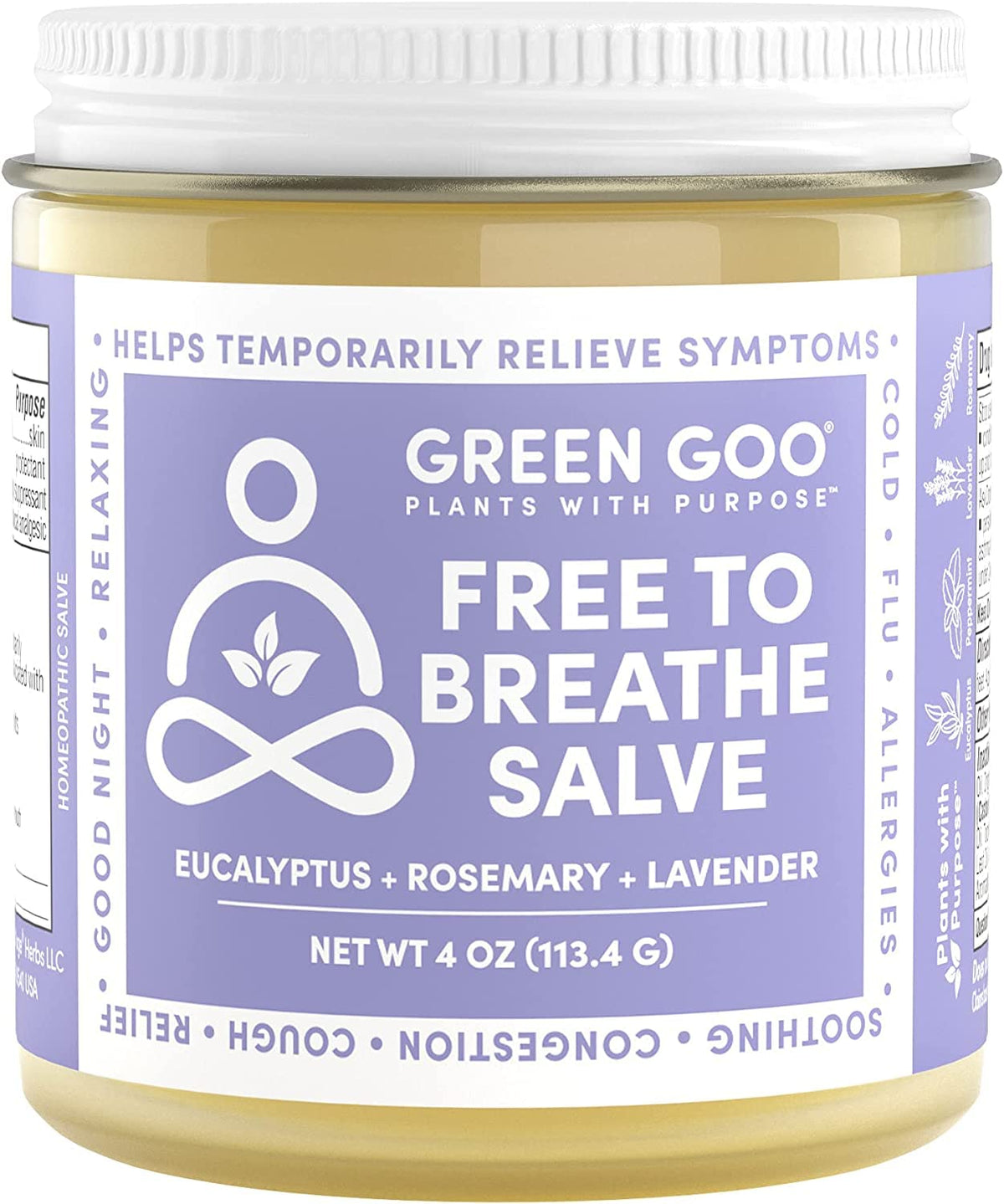 Green Goo Free To Breathe bottle close-up showing natural decongestant blend for congestion relief.