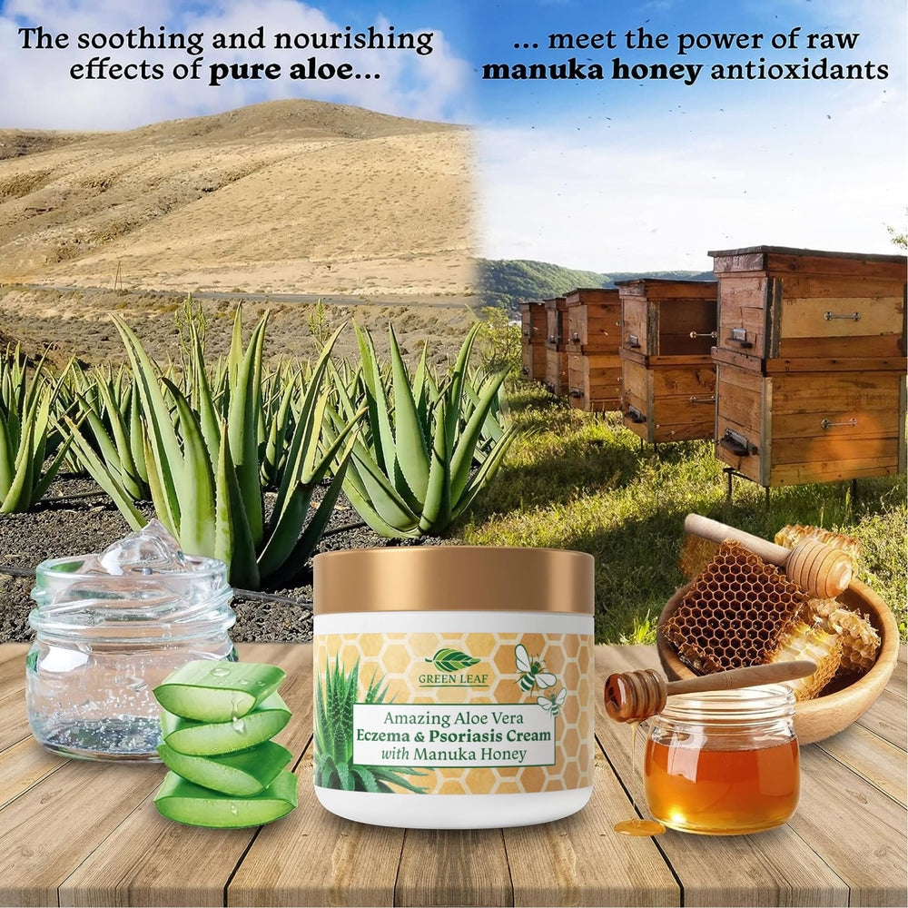 Ingredients panel featuring aloe vera and Manuka honey for hydration