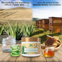 Ingredients panel featuring aloe vera and Manuka honey for hydration