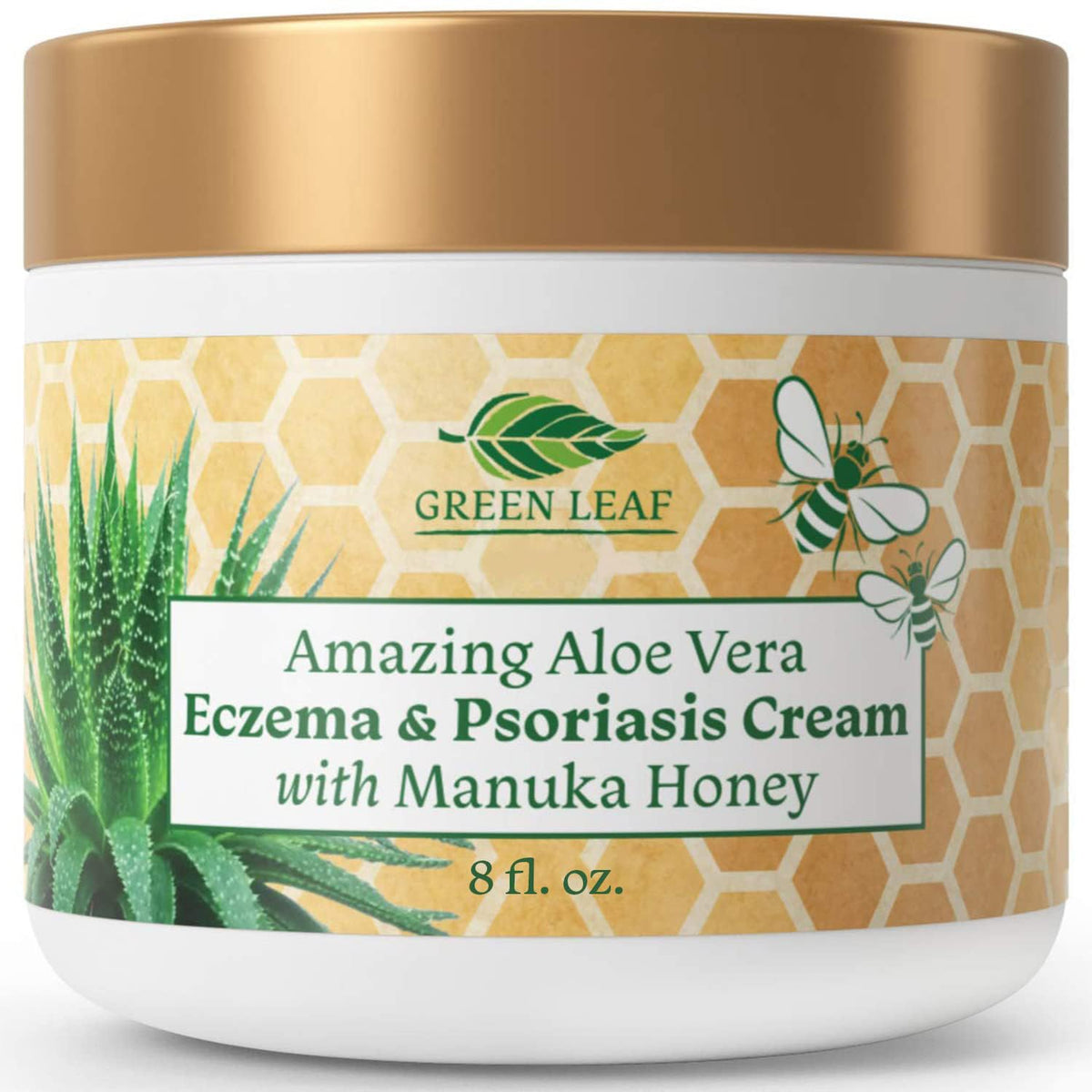 Green Leaf Naturals Manuka Honey Eczema Cream jar showing gentle hydration for dry skin
