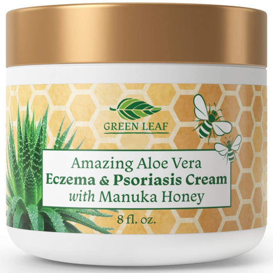 Green Leaf Naturals Manuka Honey Eczema Cream jar showing gentle hydration for dry skin