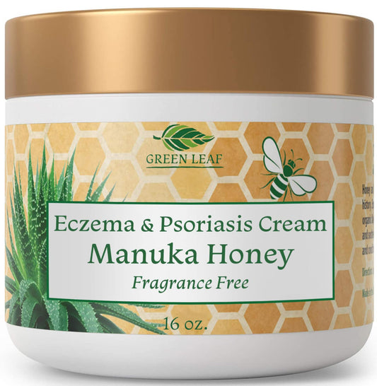 Green Leaf Naturals Manuka Honey Eczema Cream jar shows fragrance-free soothing moisturizer