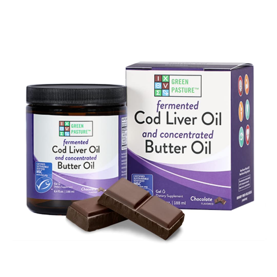 Green Pasture gel bottle showing convenient daily use of butter oil and cod liver oil.
