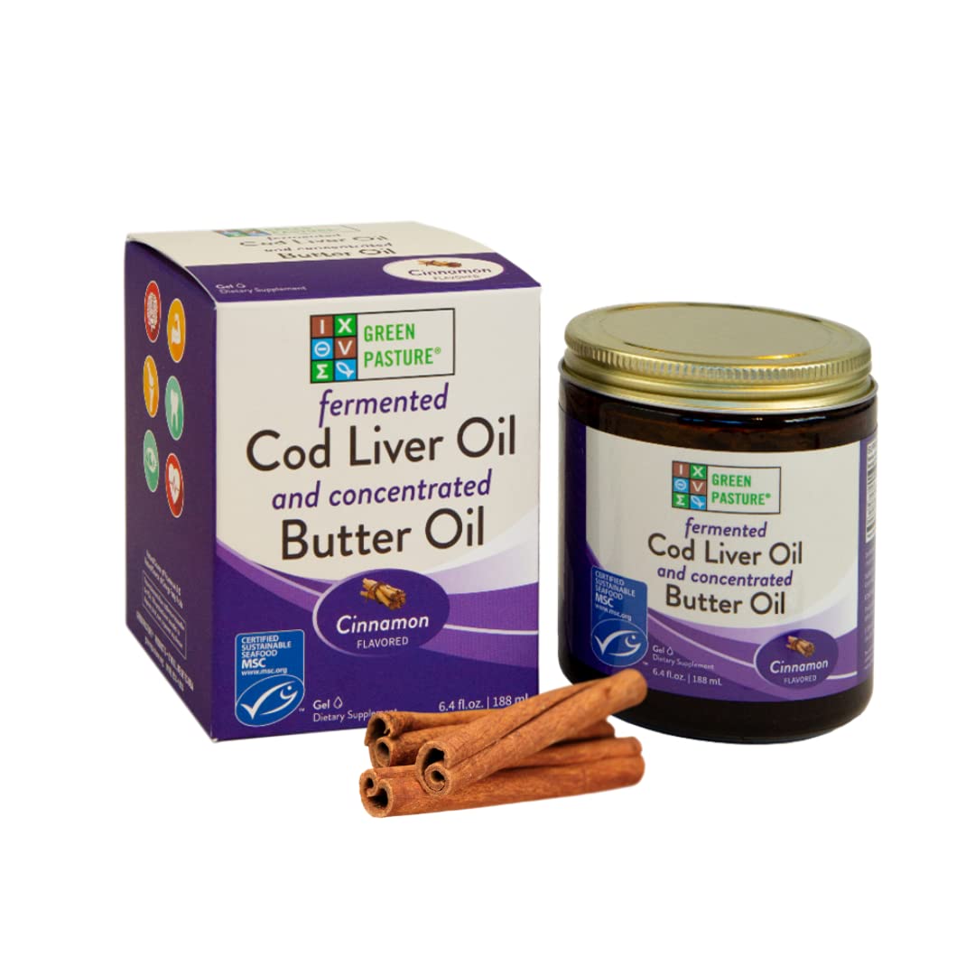 Green Pasture cod liver butter gel bottle offers convenient daily omega-3 source.