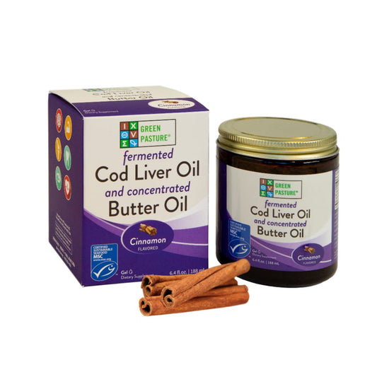 Green Pasture cod liver butter gel bottle offers convenient daily omega-3 source.