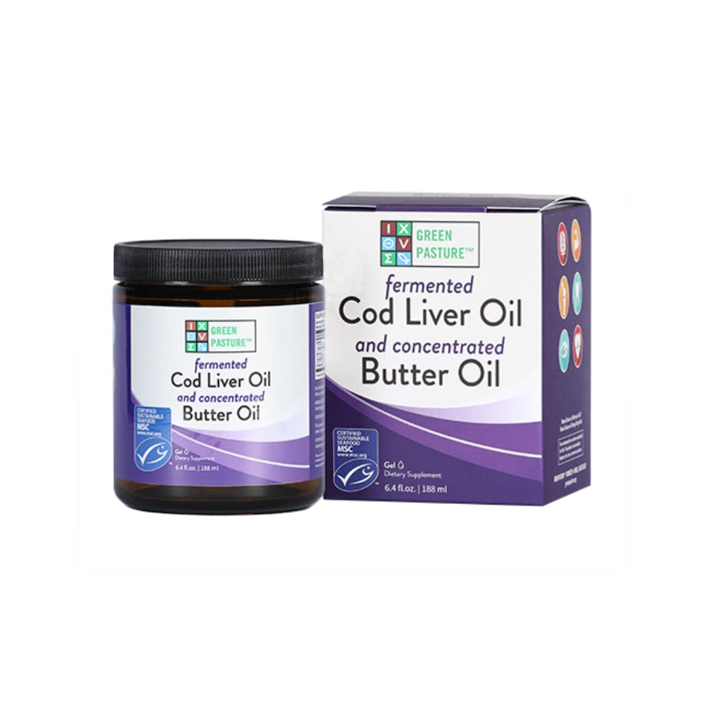Green Pasture Butter Oil Gel bottle highlighting omega-3 and vitamins for daily nutrition.