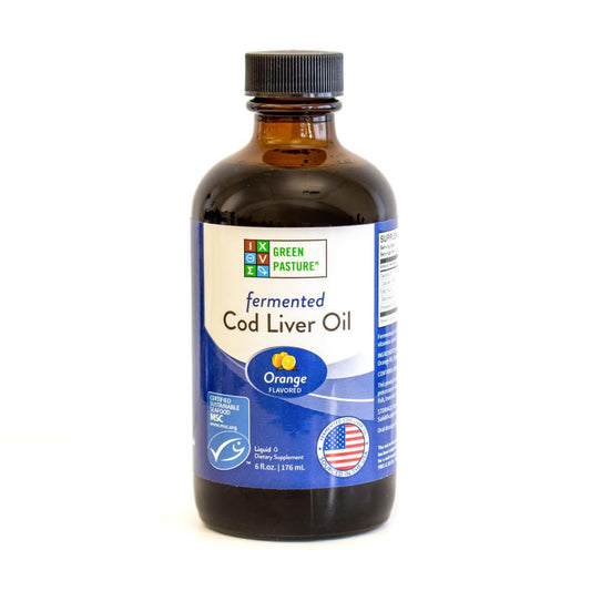 Green Pasture fermented cod liver liquid bottle on shelf for daily dosing