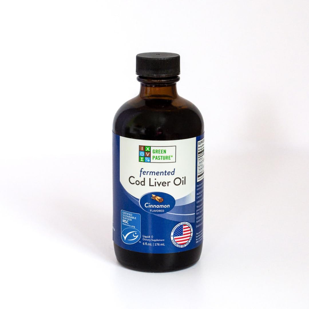 Green Pasture fermented cod liver liquid bottle with cinnamon supports daily omega intake