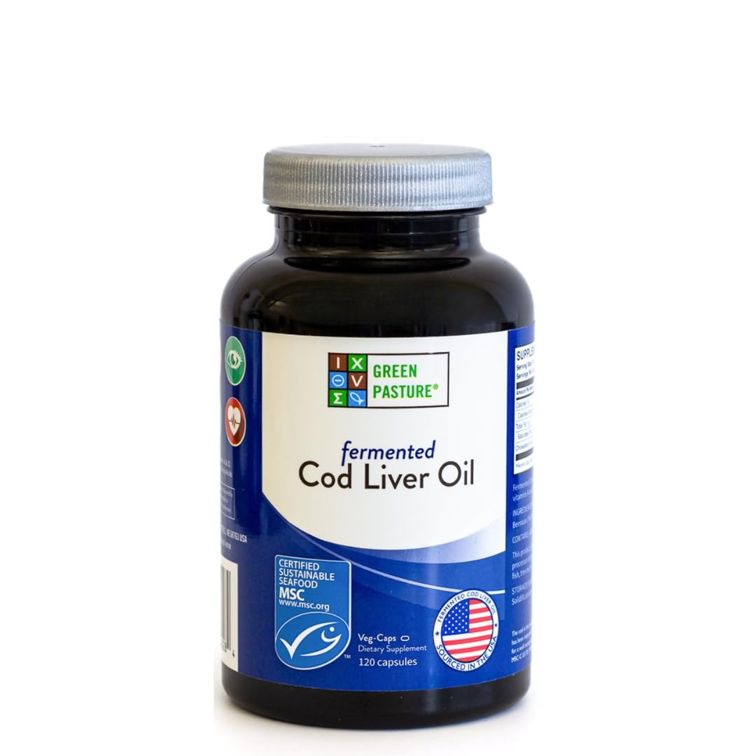 Green Pasture fermented cod liver oil capsules bottle close-up for daily omega-3 and vitamins