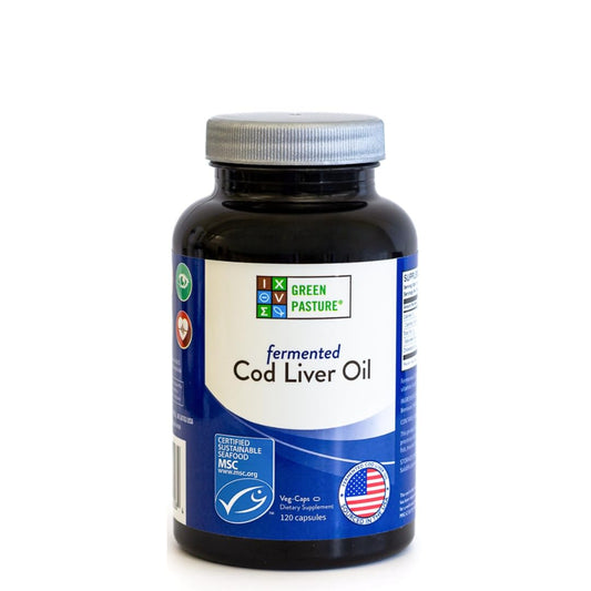Green Pasture fermented cod liver oil capsules bottle close-up for daily omega-3 and vitamins