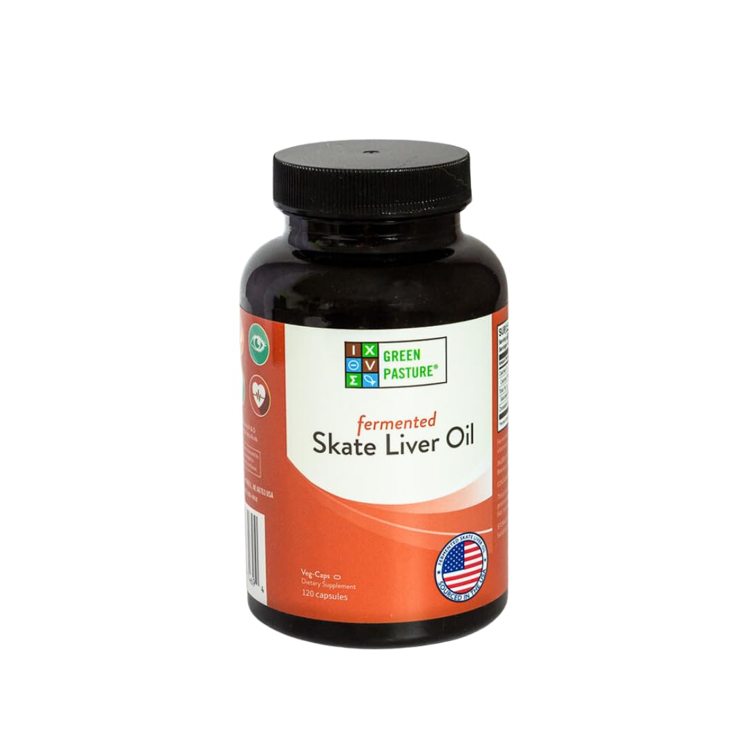 Green Pasture skate liver oil bottle showing fermentation and premium packaging.