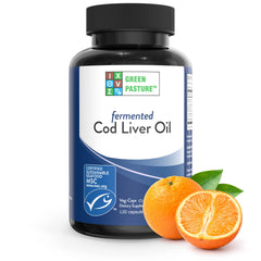 Green Pasture orange-flavor cod liver oil bottle, convenient nutrition