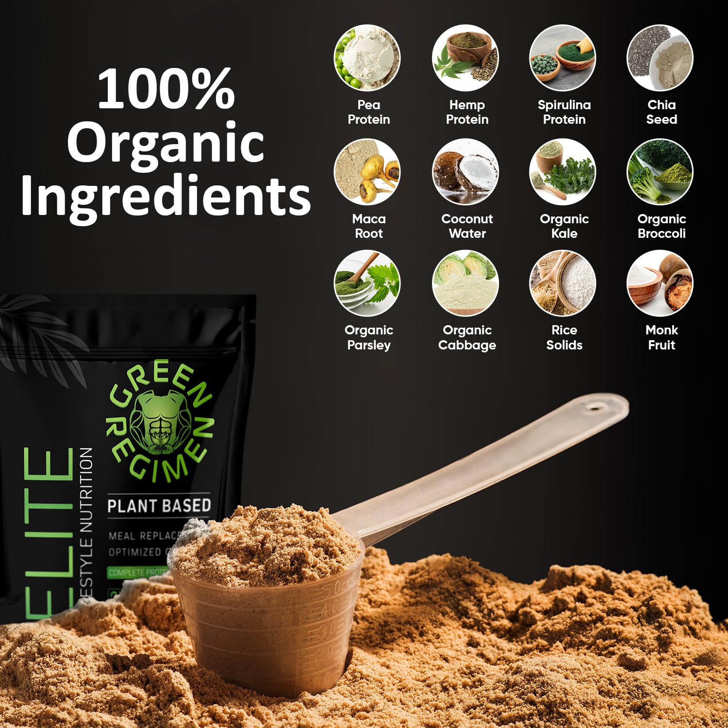 Green Regimen Elite hemp-pea protein formula, complete protein for active days.