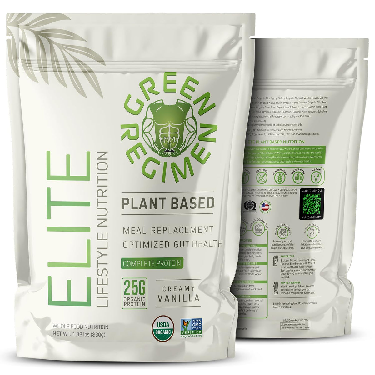 Green Regimen Elite vanilla bottle shows protein-packed plant-based nutrition