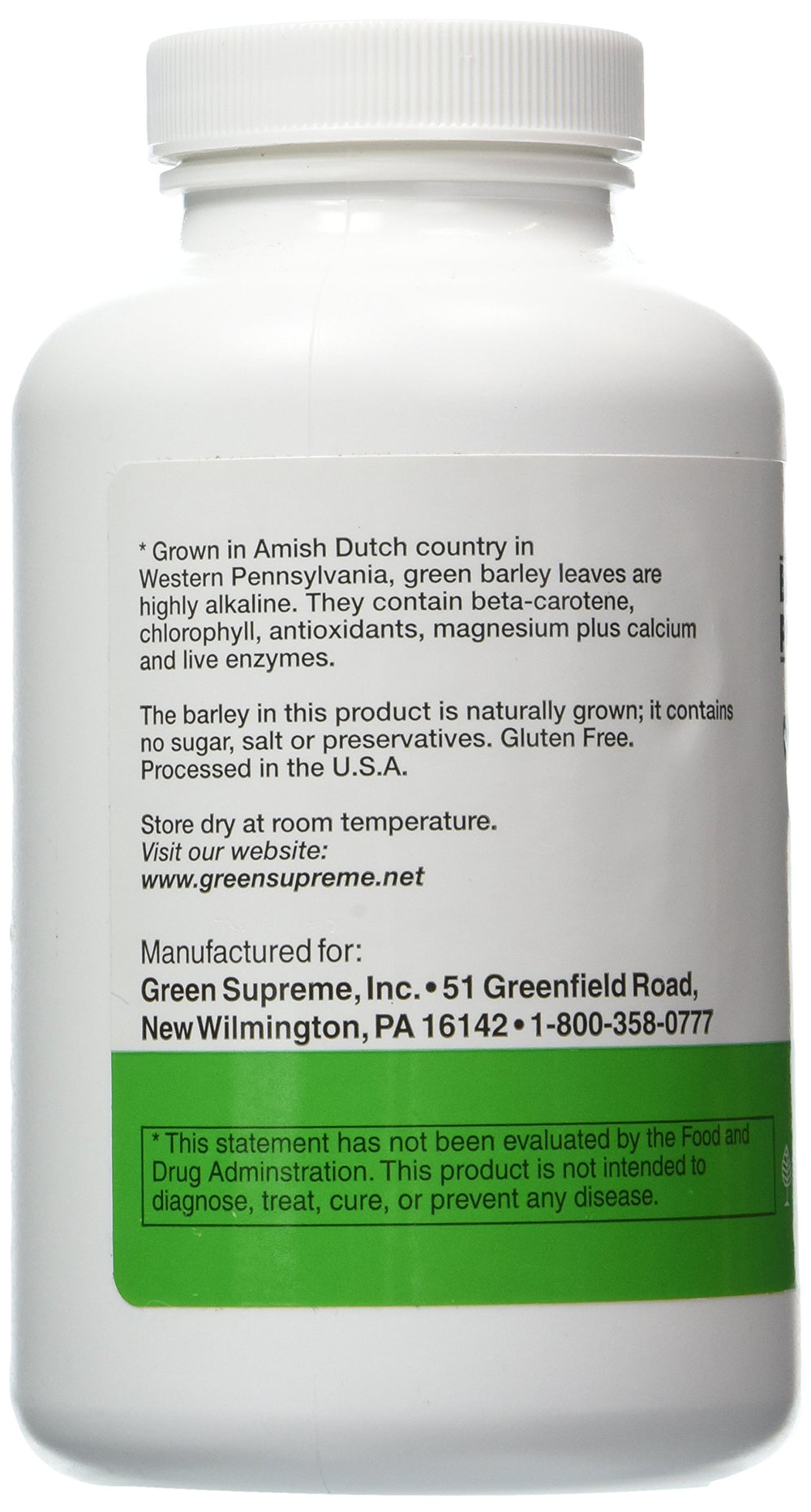 Close-up of Green Supreme Barley Power tablets showing minerals and fiber