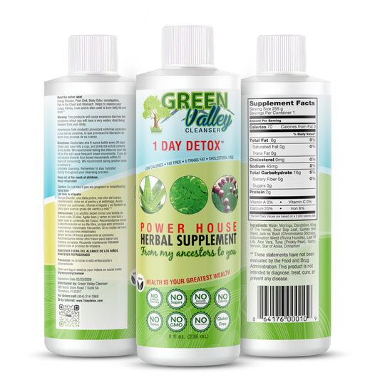 Green Valley Cleanser bottle label highlights ingredients and USA-made quality.