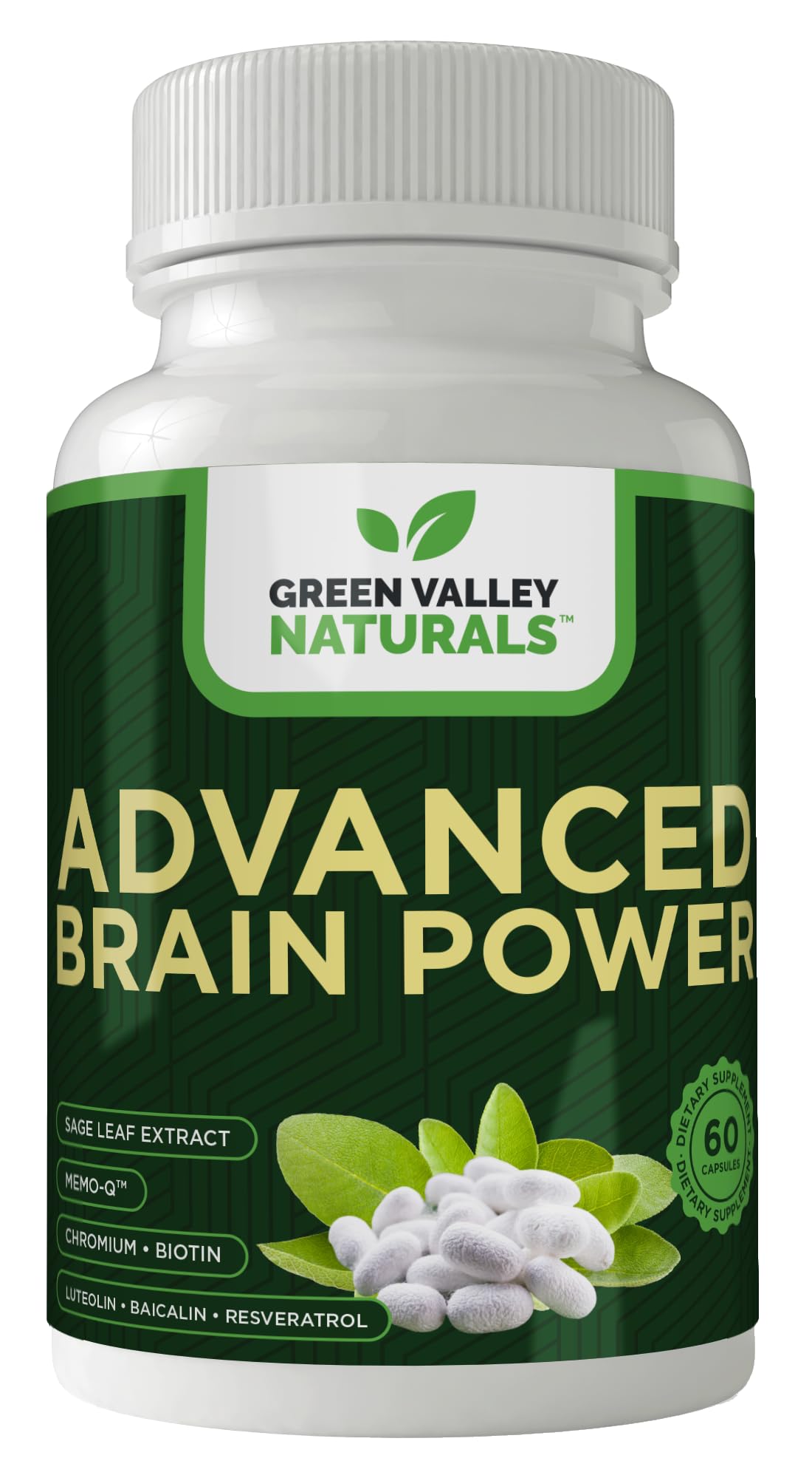 Green Valley Naturals Brain Power bottle close-up for focus support