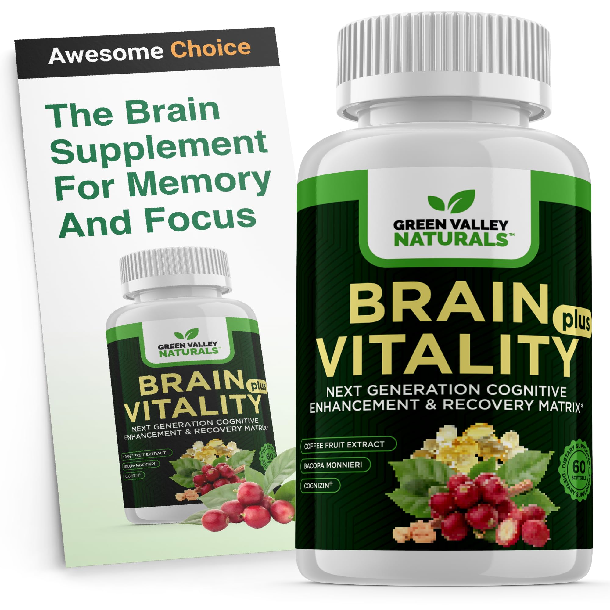 Green Valley Naturals Brain Vitality Plus bottle on a desk for daily cognitive support.