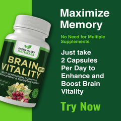Green Valley Naturals Brain Vitality Plus NeuroFactor coffee-fruit extract icon emphasizes BDNF support.