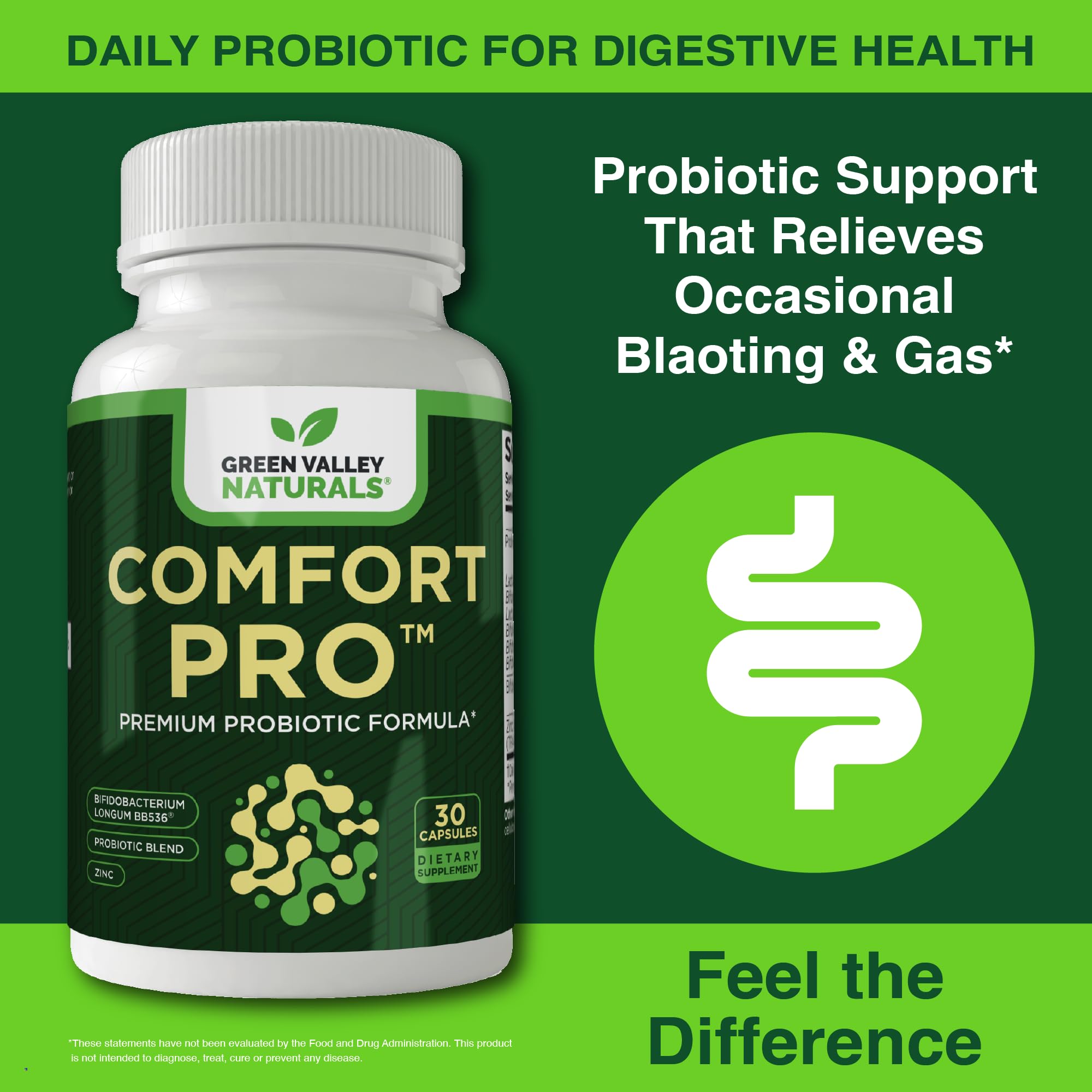 Closeup of ComfortPro capsules showing zinc blend for gut health.