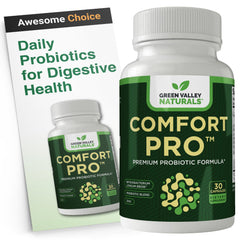 Green Valley Naturals ComfortPro daily probiotic bottle supports digestive balance.